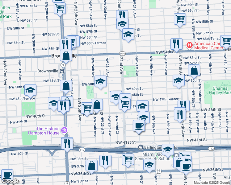 map of restaurants, bars, coffee shops, grocery stores, and more near 2250 Northwest 49th Street in Miami
