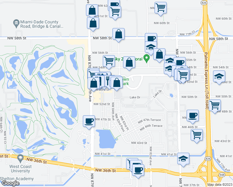 map of restaurants, bars, coffee shops, grocery stores, and more near 8390 Northwest 53rd Street in Miami