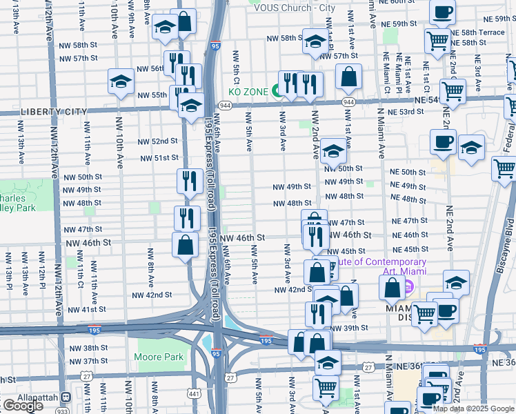 map of restaurants, bars, coffee shops, grocery stores, and more near 4755 Northwest 5 Avenue in Miami