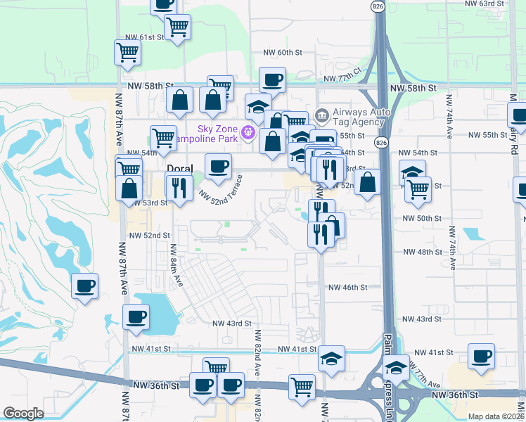 map of restaurants, bars, coffee shops, grocery stores, and more near 8043 Washkewics Way in Doral