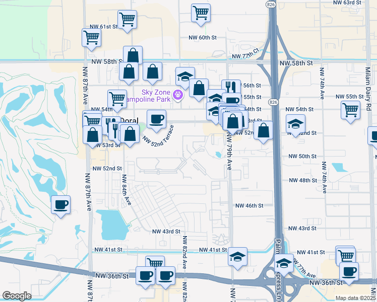 map of restaurants, bars, coffee shops, grocery stores, and more near 8043 Washkewics Way in Doral