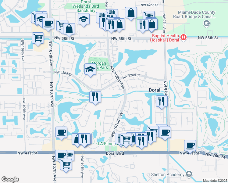 map of restaurants, bars, coffee shops, grocery stores, and more near 10268 Northwest 51st Terrace in Doral