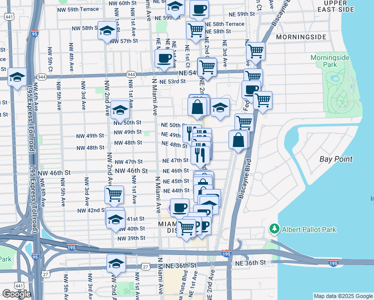map of restaurants, bars, coffee shops, grocery stores, and more near 102 Northeast 48th Street in Miami