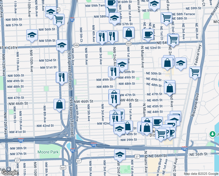 map of restaurants, bars, coffee shops, grocery stores, and more near 230 Northwest 48th Street in Miami