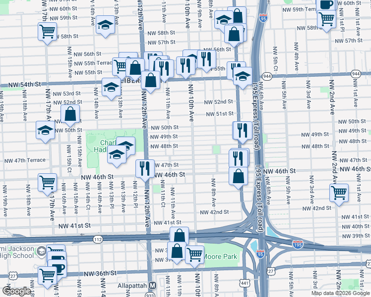 map of restaurants, bars, coffee shops, grocery stores, and more near 1022 Northwest 48th Street in Miami