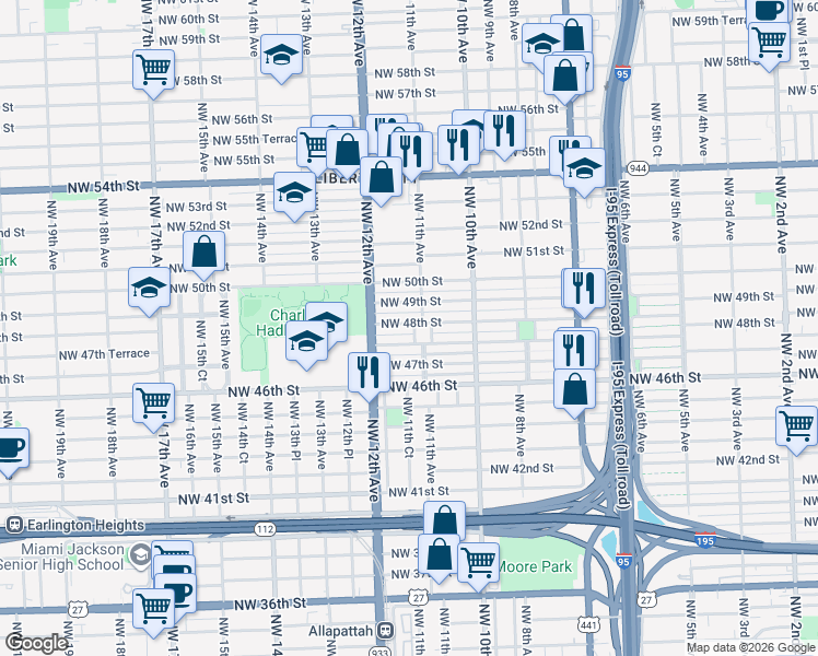 map of restaurants, bars, coffee shops, grocery stores, and more near 1098 Northwest 48th Street in Miami