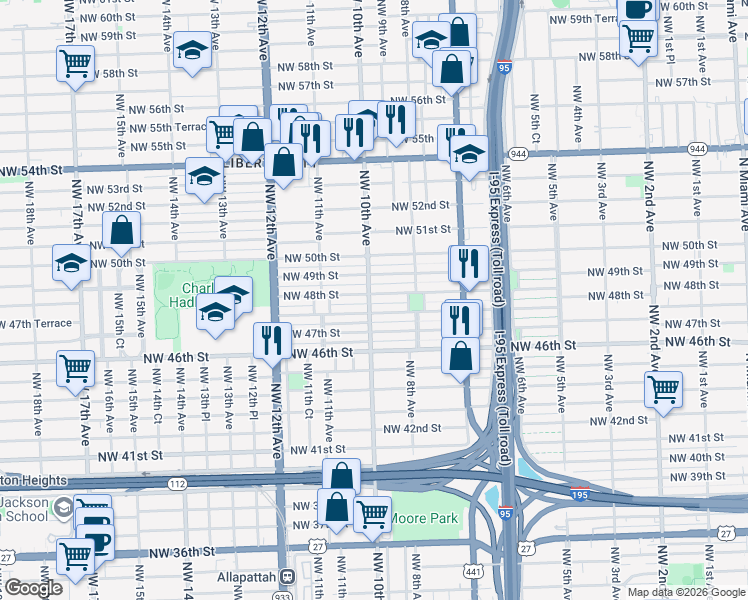 map of restaurants, bars, coffee shops, grocery stores, and more near 1022 Northwest 48th Street in Miami