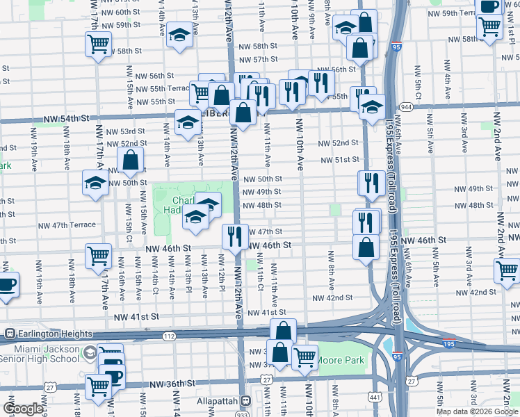 map of restaurants, bars, coffee shops, grocery stores, and more near 1098 Northwest 48th Street in Miami