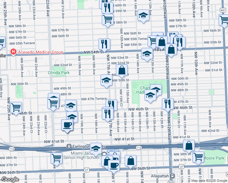 map of restaurants, bars, coffee shops, grocery stores, and more near 4834 Northwest 15th Court in Miami