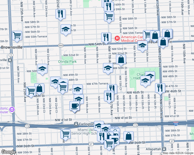 map of restaurants, bars, coffee shops, grocery stores, and more near 1780 Northwest 49th Street in Miami