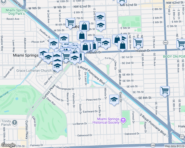 map of restaurants, bars, coffee shops, grocery stores, and more near 30 South Royal Poinciana Boulevard in Miami Springs
