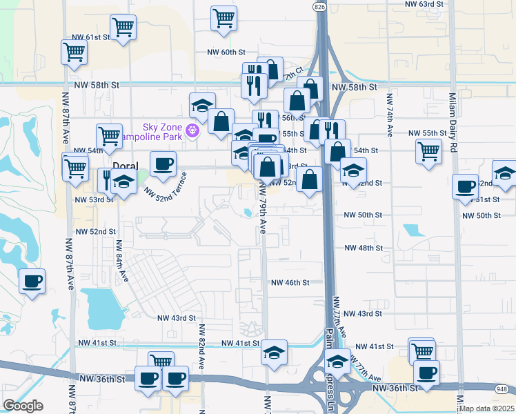 map of restaurants, bars, coffee shops, grocery stores, and more near 5020 Northwest 79th Avenue in Doral