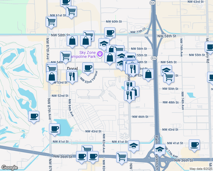 map of restaurants, bars, coffee shops, grocery stores, and more near 8043 Washkewics Way in Doral