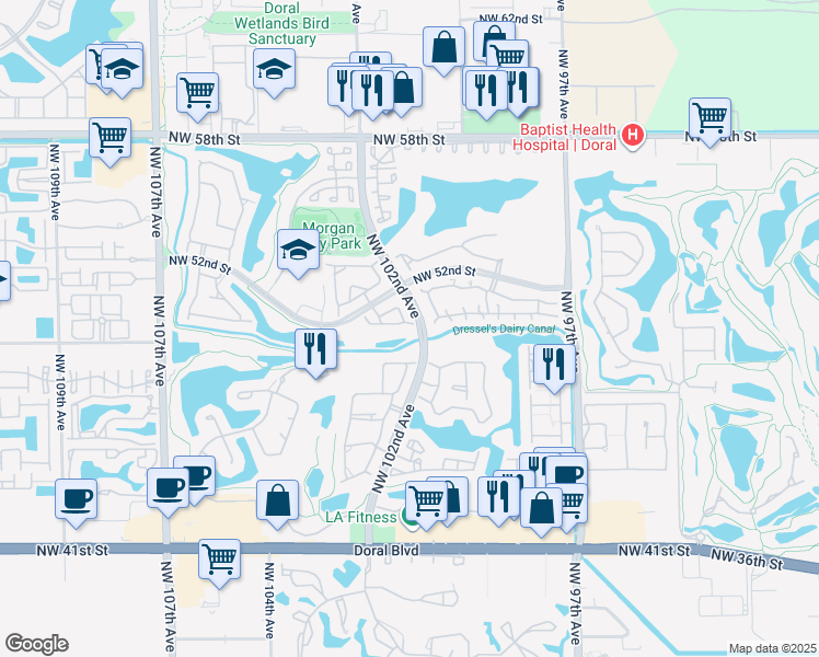 map of restaurants, bars, coffee shops, grocery stores, and more near 10136 Northwest 51st Terrace in Doral