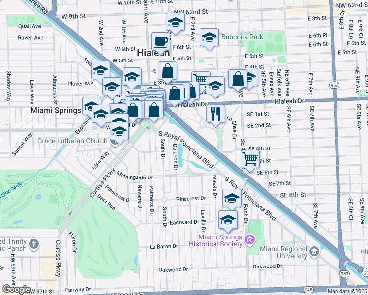 map of restaurants, bars, coffee shops, grocery stores, and more near 30 South Royal Poinciana Boulevard in Miami Springs