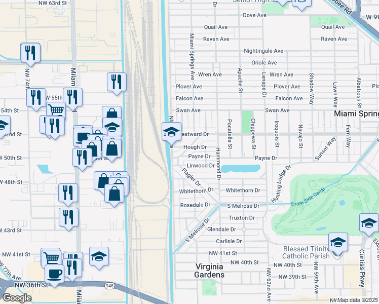 map of restaurants, bars, coffee shops, grocery stores, and more near 148 Bentley Drive in Miami Springs