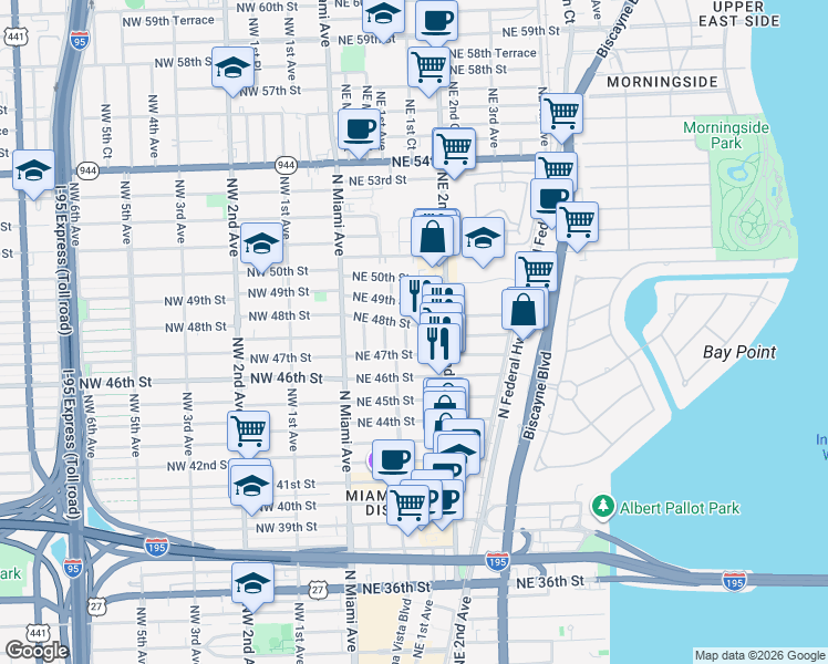 map of restaurants, bars, coffee shops, grocery stores, and more near 112 Northeast 48th Street in Miami