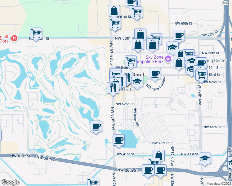 map of restaurants, bars, coffee shops, grocery stores, and more near 5241 Northwest 87th Avenue in Doral