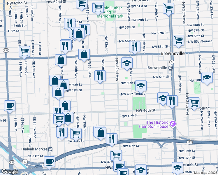 map of restaurants, bars, coffee shops, grocery stores, and more near 3263 NW 49th St in Miami