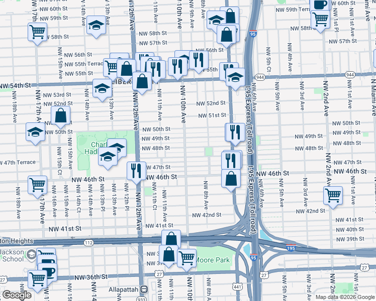 map of restaurants, bars, coffee shops, grocery stores, and more near 1022 Northwest 48th Street in Miami