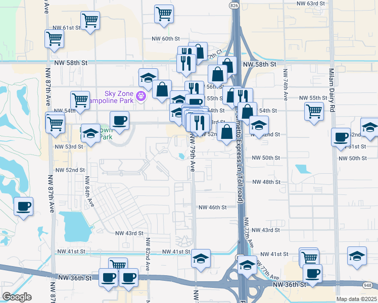 map of restaurants, bars, coffee shops, grocery stores, and more near 5020 Northwest 79th Avenue in Doral