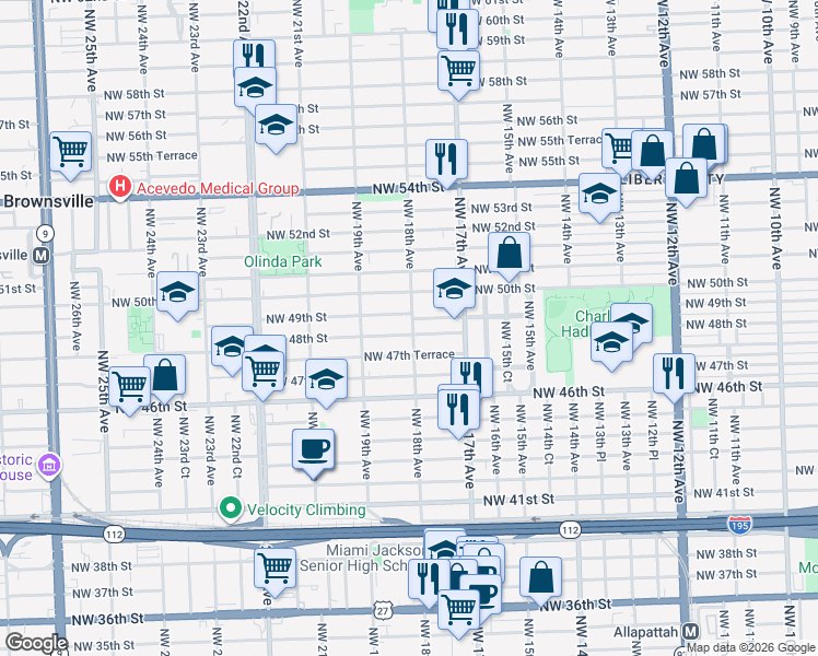 map of restaurants, bars, coffee shops, grocery stores, and more near 1780 Northwest 49th Street in Miami