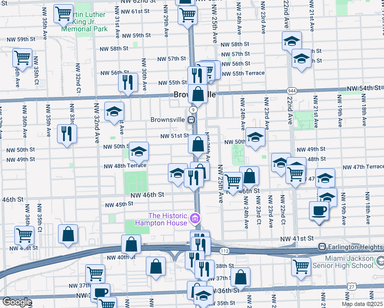 map of restaurants, bars, coffee shops, grocery stores, and more near 4900 Northwest 27th Avenue in Miami