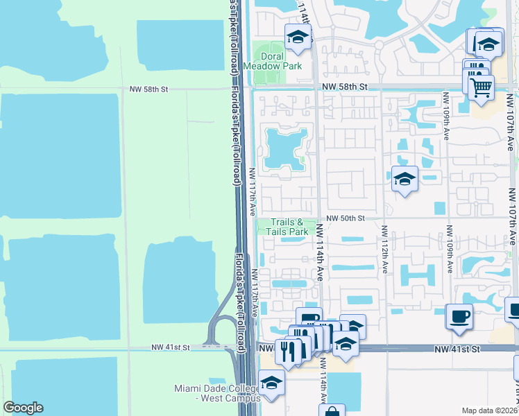 map of restaurants, bars, coffee shops, grocery stores, and more near 5060 Northwest 116th Court in Doral