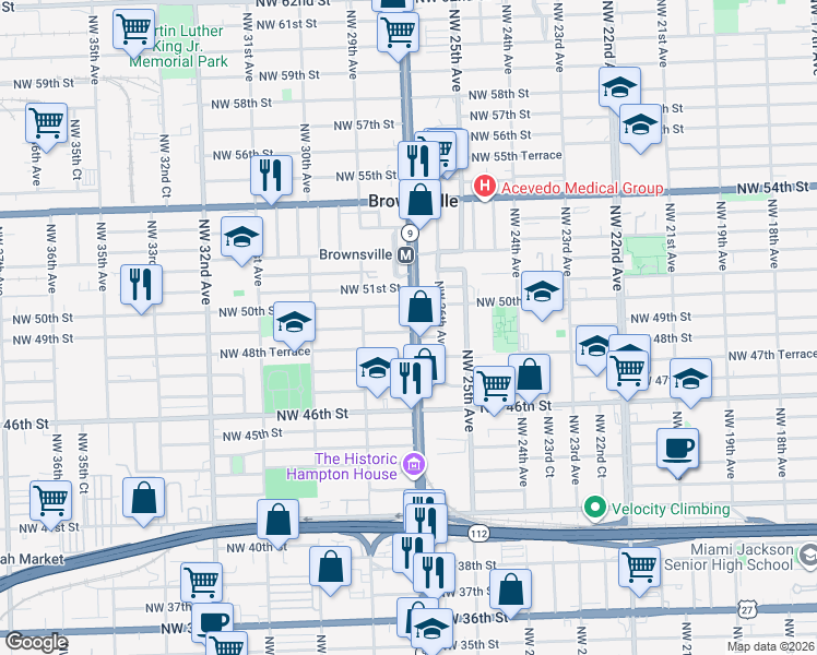 map of restaurants, bars, coffee shops, grocery stores, and more near 4900 Northwest 27th Avenue in Miami