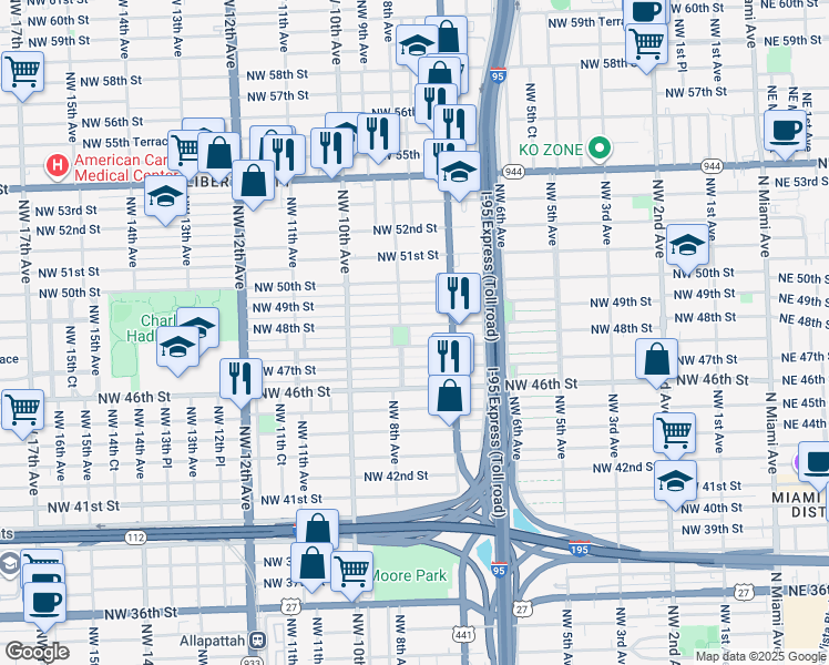 map of restaurants, bars, coffee shops, grocery stores, and more near 4771 Northwest 8th Avenue in Miami