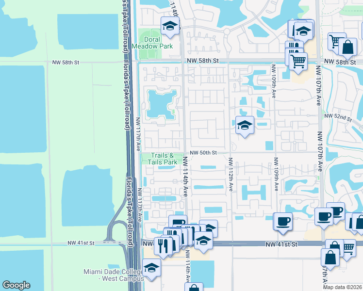 map of restaurants, bars, coffee shops, grocery stores, and more near 5041 Northwest 114th Court in Doral