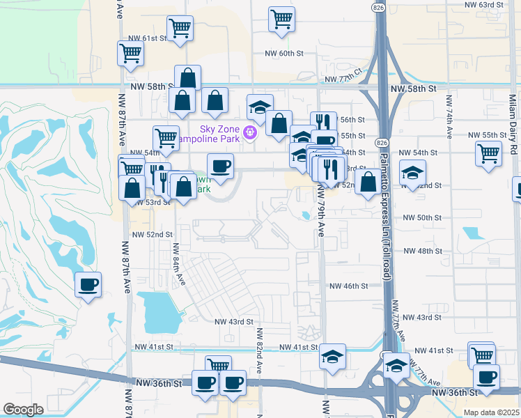 map of restaurants, bars, coffee shops, grocery stores, and more near 8043 Washkewics Way in Doral