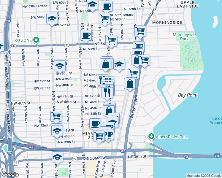 map of restaurants, bars, coffee shops, grocery stores, and more near 201 Northeast 48th Street in Miami