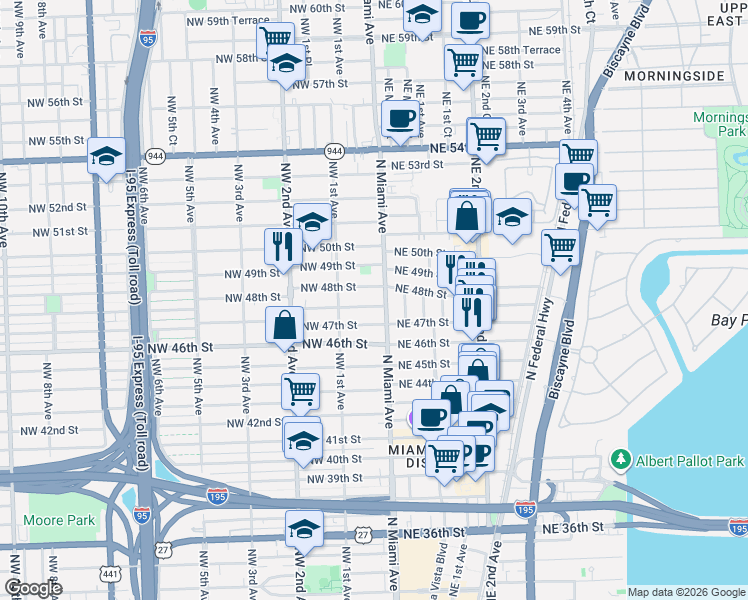 map of restaurants, bars, coffee shops, grocery stores, and more near in Miami