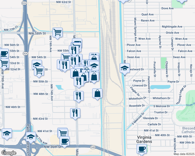 map of restaurants, bars, coffee shops, grocery stores, and more near 6902 Northwest 69th Avenue in Miami