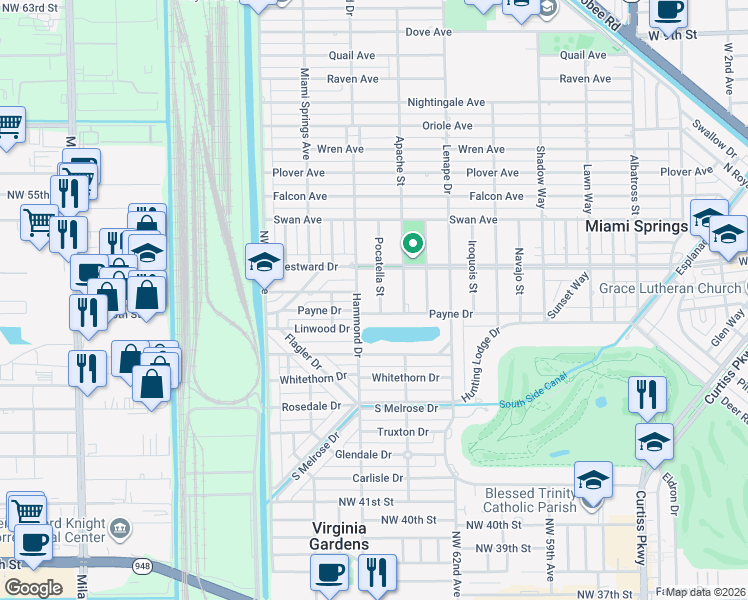 map of restaurants, bars, coffee shops, grocery stores, and more near 130 Pocatella Street in Miami Springs