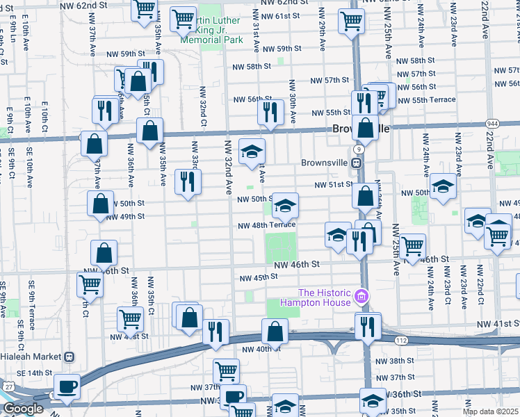 map of restaurants, bars, coffee shops, grocery stores, and more near 3101 Northwest 49th Street in Miami