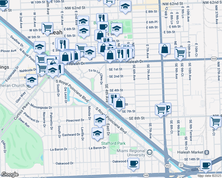 map of restaurants, bars, coffee shops, grocery stores, and more near 425 Southeast 4th Street in Hialeah