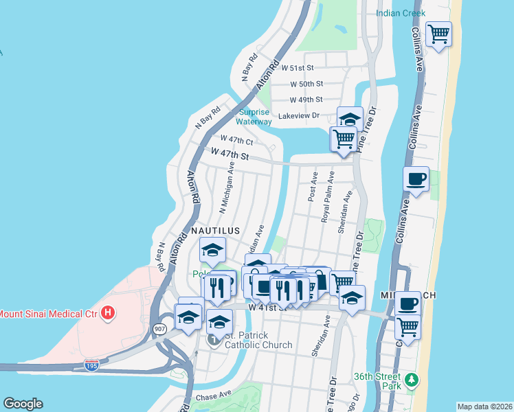 map of restaurants, bars, coffee shops, grocery stores, and more near 4530 Meridian Avenue in Miami Beach