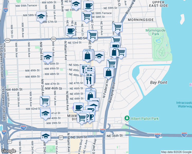 map of restaurants, bars, coffee shops, grocery stores, and more near 201 Northeast 48th Street in Miami