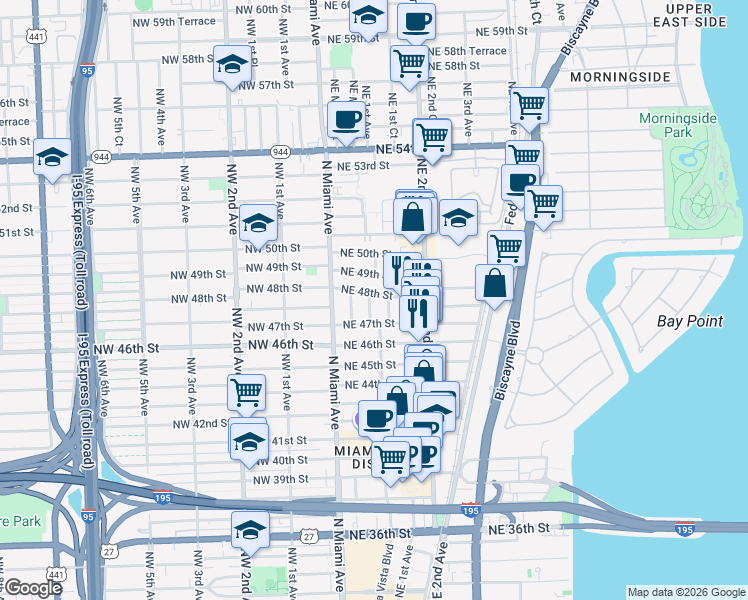 map of restaurants, bars, coffee shops, grocery stores, and more near 64 Northeast 48th Street in Miami