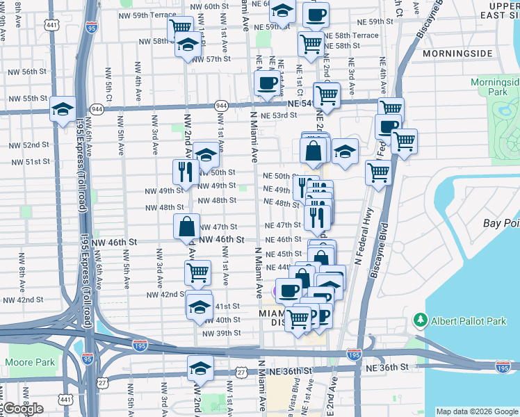 map of restaurants, bars, coffee shops, grocery stores, and more near in Miami