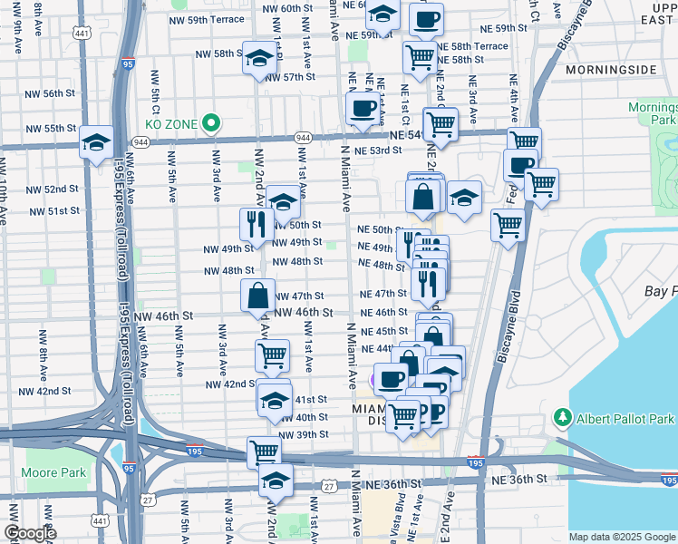 map of restaurants, bars, coffee shops, grocery stores, and more near in Miami