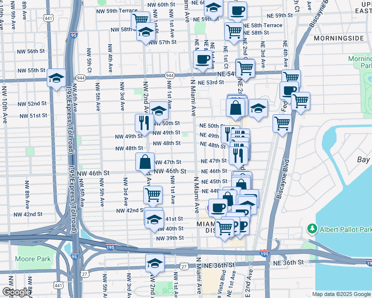 map of restaurants, bars, coffee shops, grocery stores, and more near in Miami