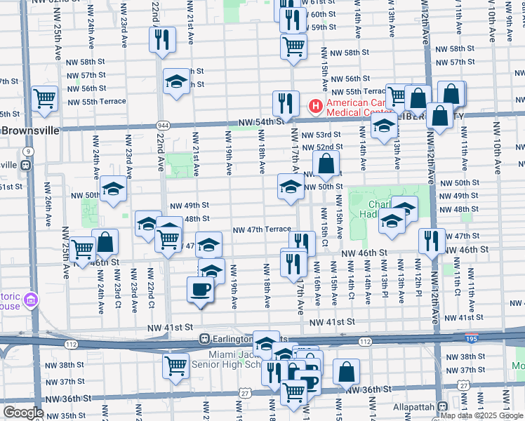 map of restaurants, bars, coffee shops, grocery stores, and more near 1780 Northwest 49th Street in Miami