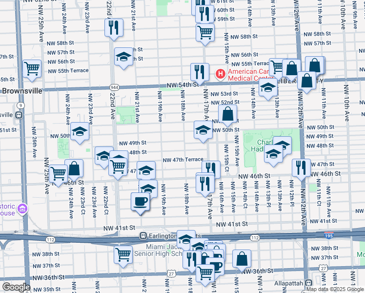 map of restaurants, bars, coffee shops, grocery stores, and more near 1780 Northwest 49th Street in Miami