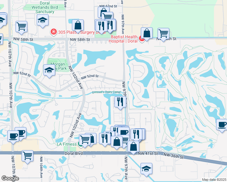 map of restaurants, bars, coffee shops, grocery stores, and more near in Doral