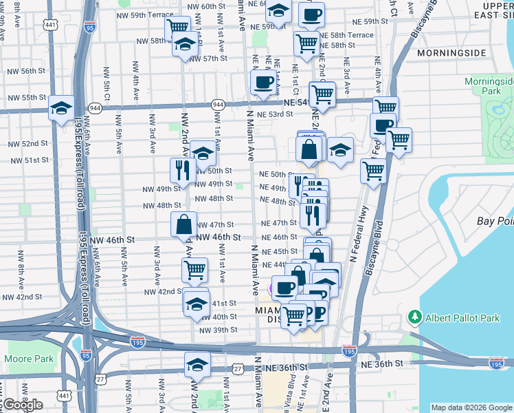 map of restaurants, bars, coffee shops, grocery stores, and more near in Miami