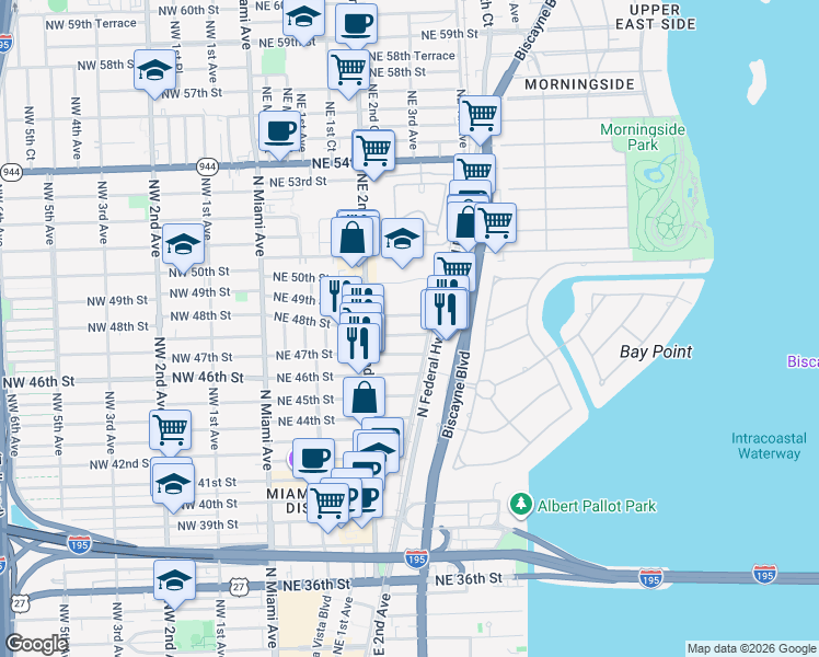 map of restaurants, bars, coffee shops, grocery stores, and more near 265 Northeast 48th Street in Miami