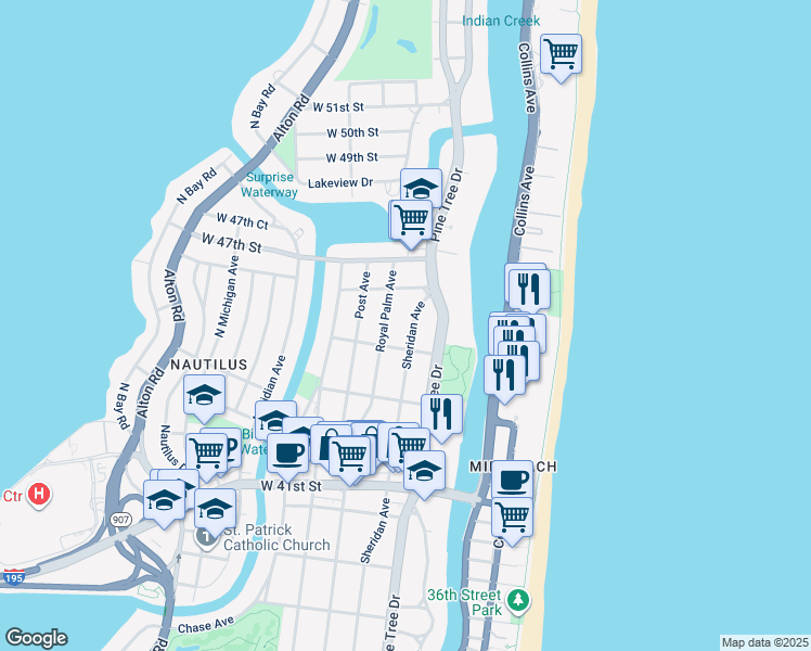 map of restaurants, bars, coffee shops, grocery stores, and more near 4522 Sheridan Avenue in Miami Beach